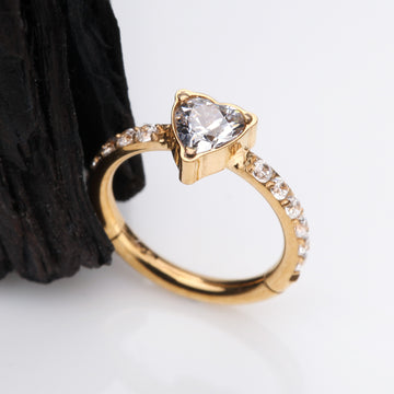 Detail View 1 of Implant Grade Titanium Golden Heart Sparkle Multi-Gem Rimmed Seamless Clicker Hoop Ring-Clear Gem